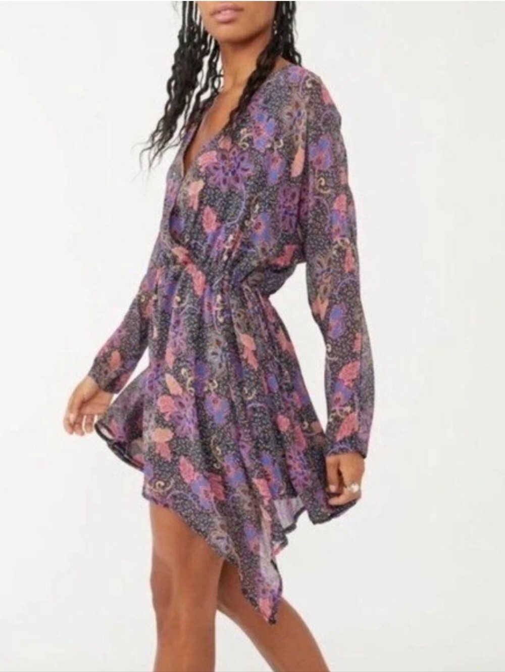 Free People Teegan Mini Dress Medium M Purple Floral Boho Fit Flare Wrap Dress